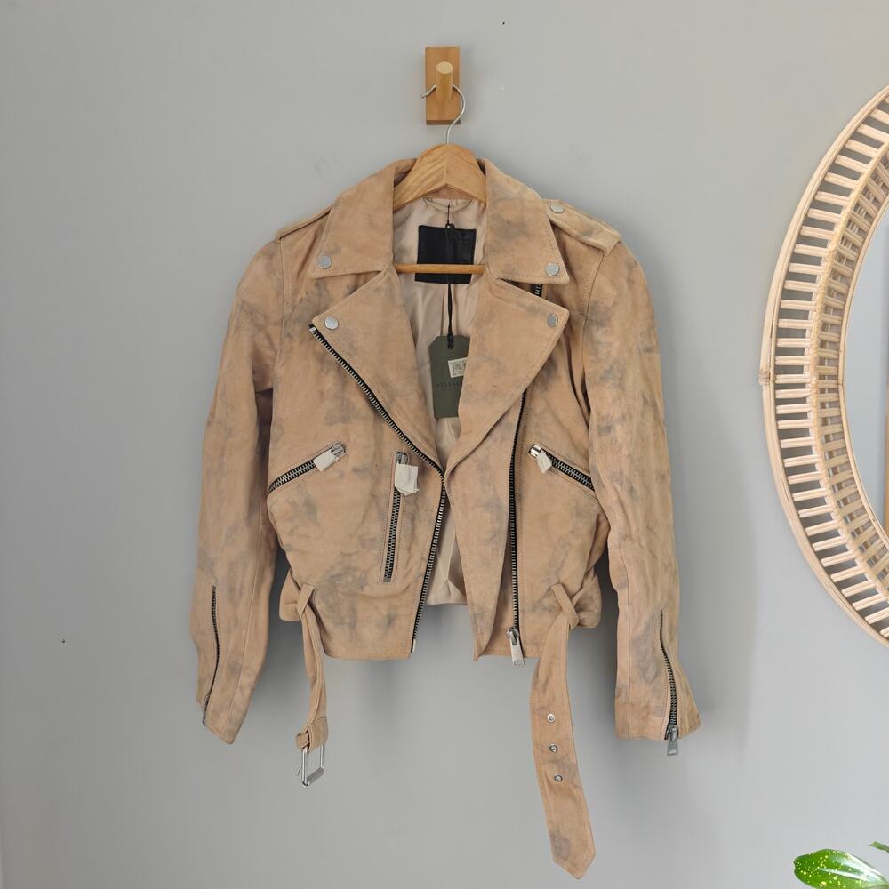 NWT AllSaints Balfern Suede Biker Marbled Moto Jacket Tan Beige US 0